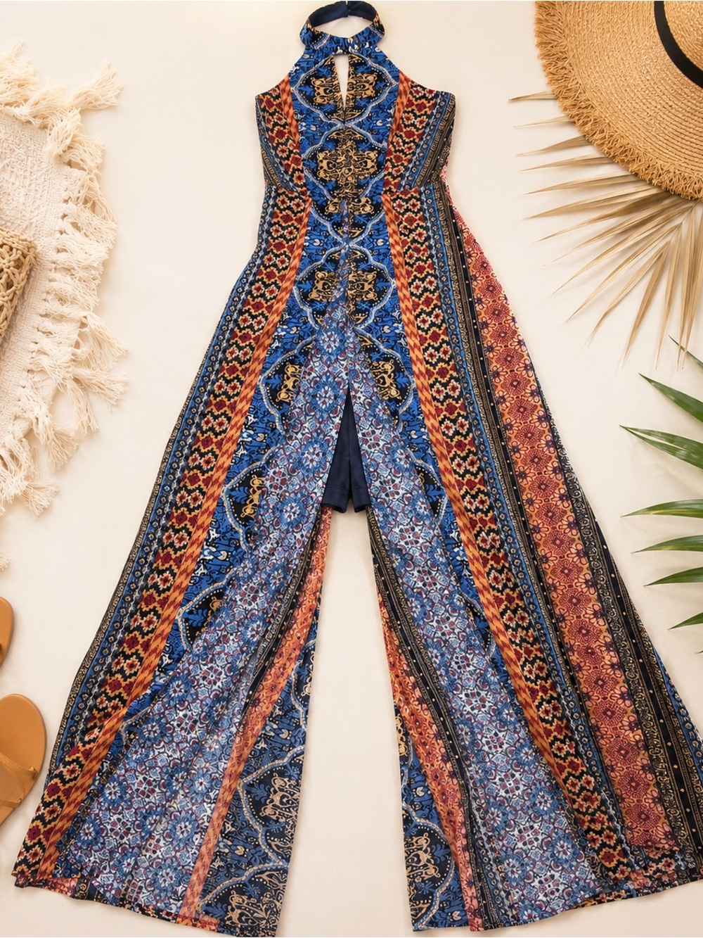 NWT City Triangles Patchwork Halter Slit Leg Jumpsuit Boho Festival Small